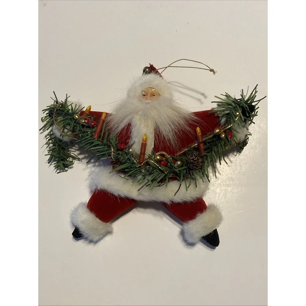 Plush Cloth Santa Claus Christmas Ornament Holding Garland w Candles & Pinecones